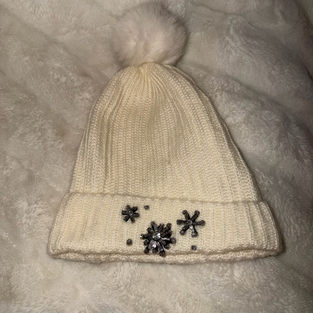 Cream Knit Beanie with Pom Pom and Embellishments from Victoria Secret Pink